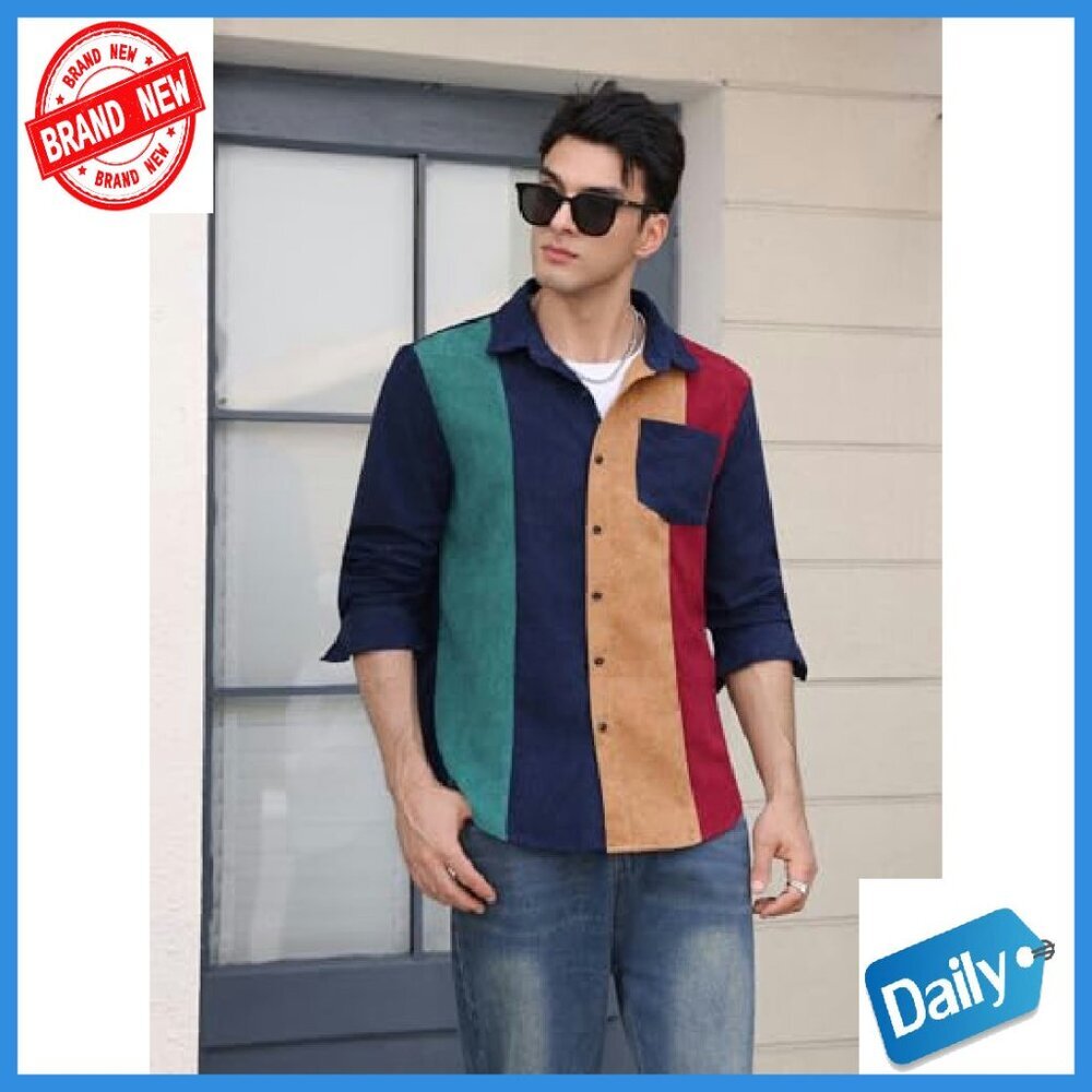 Men's Corduroy Button Down Long Sleeve Collar Shirt Pocket - Picture 3 of 8